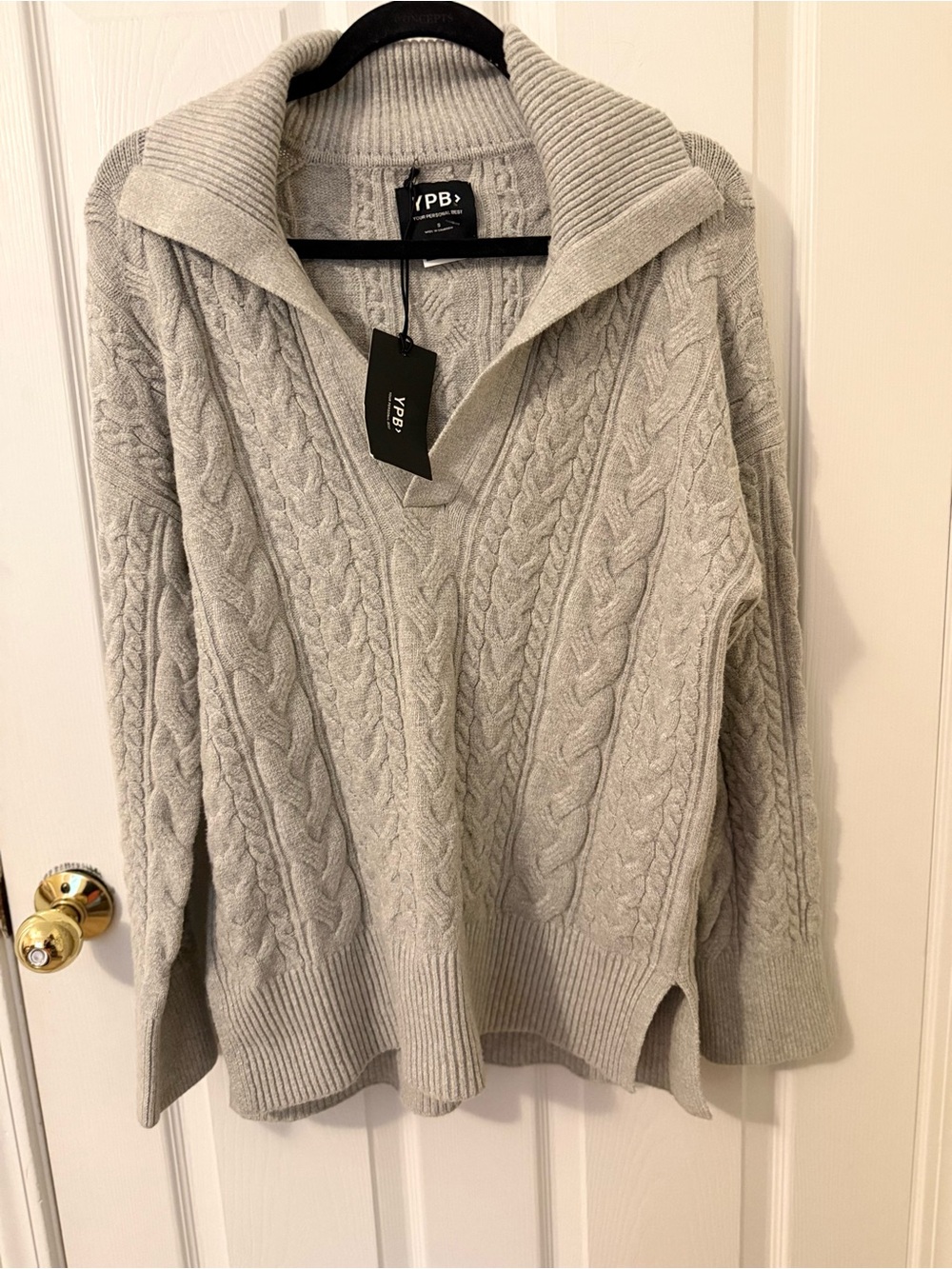 YPB Light Gray Cable Knit V-Neck Sweater with Shawl Collar